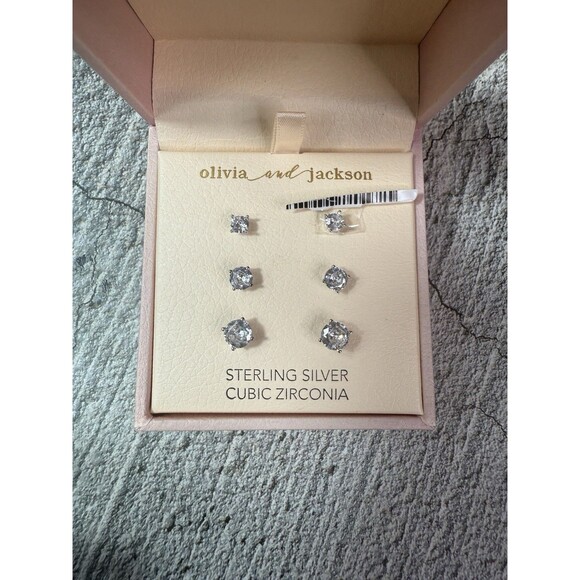 NIB Olivia And Jackson Sterling Silver Cubic Zirconia Studs 3 Earrings Set - Picture 4 of 8